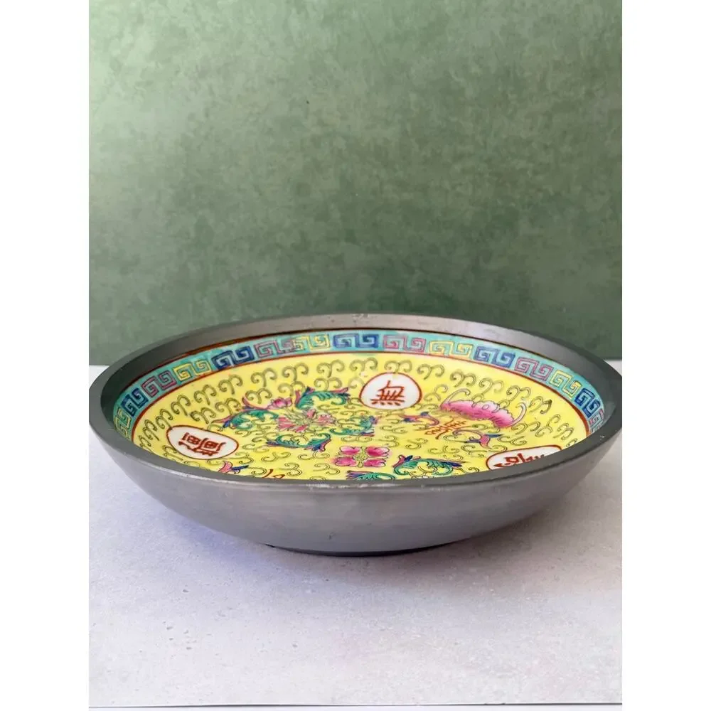Vintage ACF Pewter Encased Porcelain Bowl Yellow Famille Rose Hong Kong 8 Inch